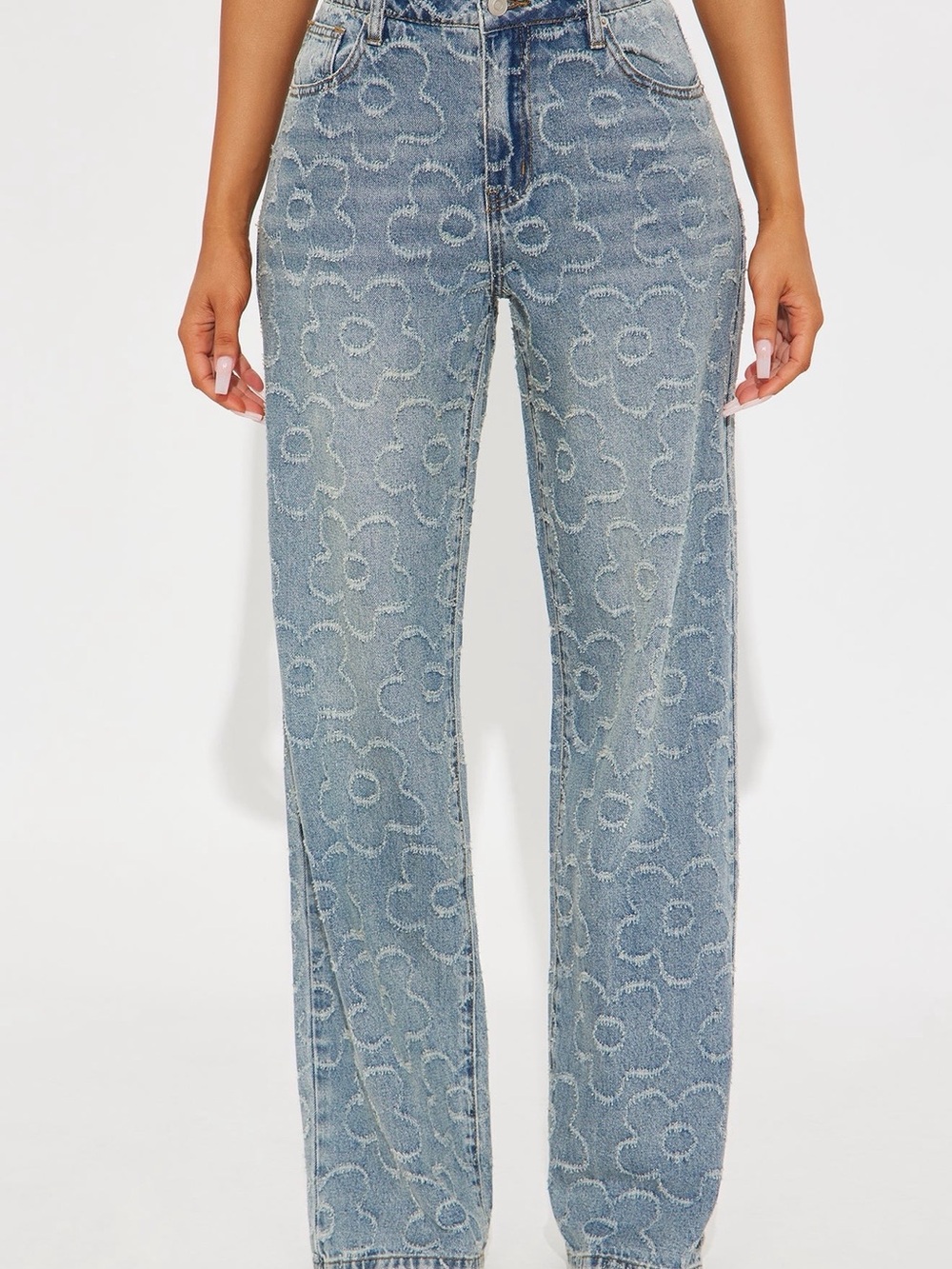 Floral-Embossed Straight-Leg Jeans - Blue